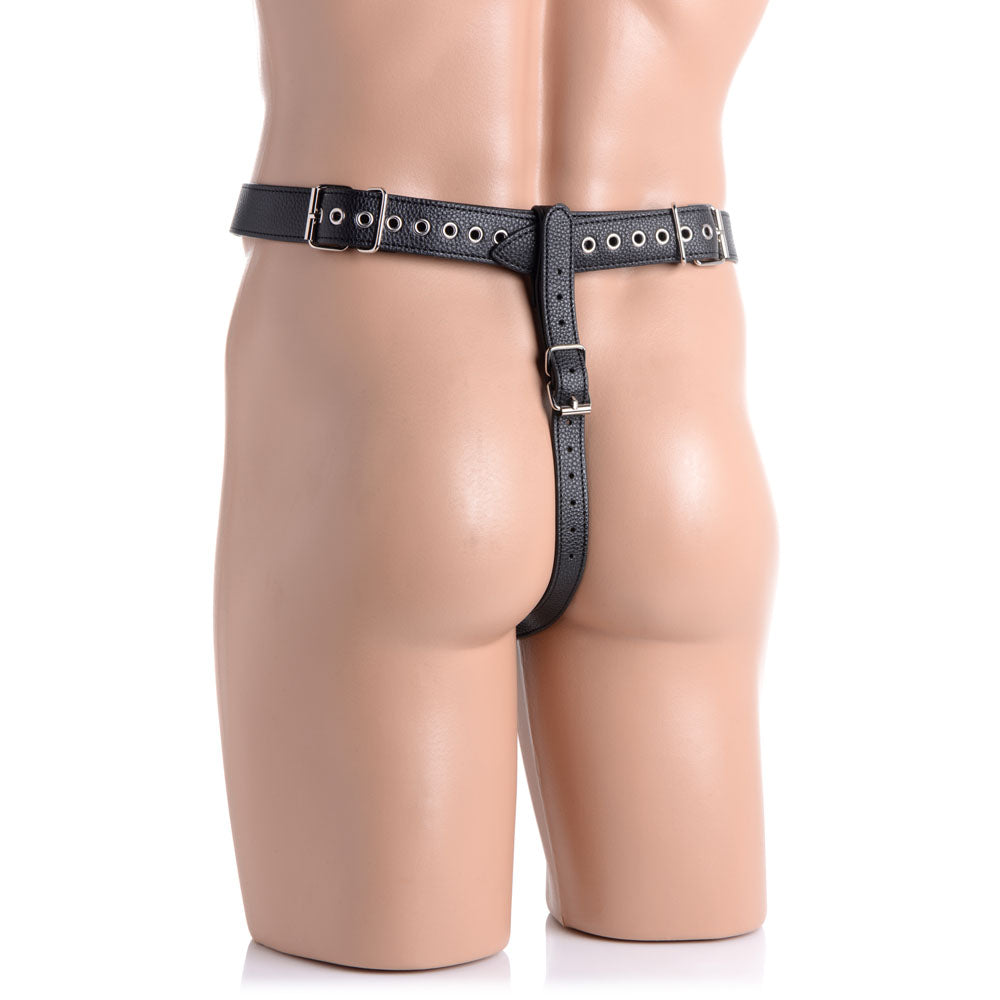 Adjustable black leather chastity harness with a T-strap and buckle closure.