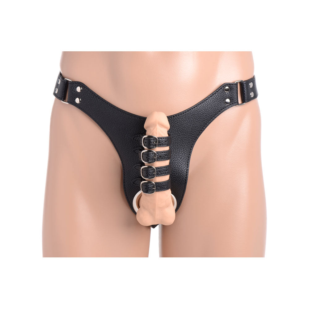 Black leather chastity harness with a silicone anal plug.