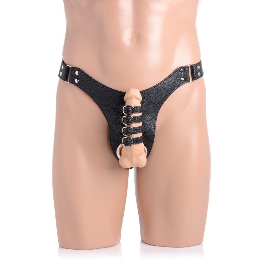 Adjustable black leather chastity harness with a silicone anal plug.