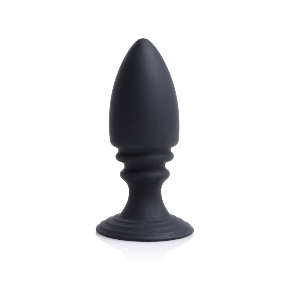 Black silicone anal plug with a flared base.