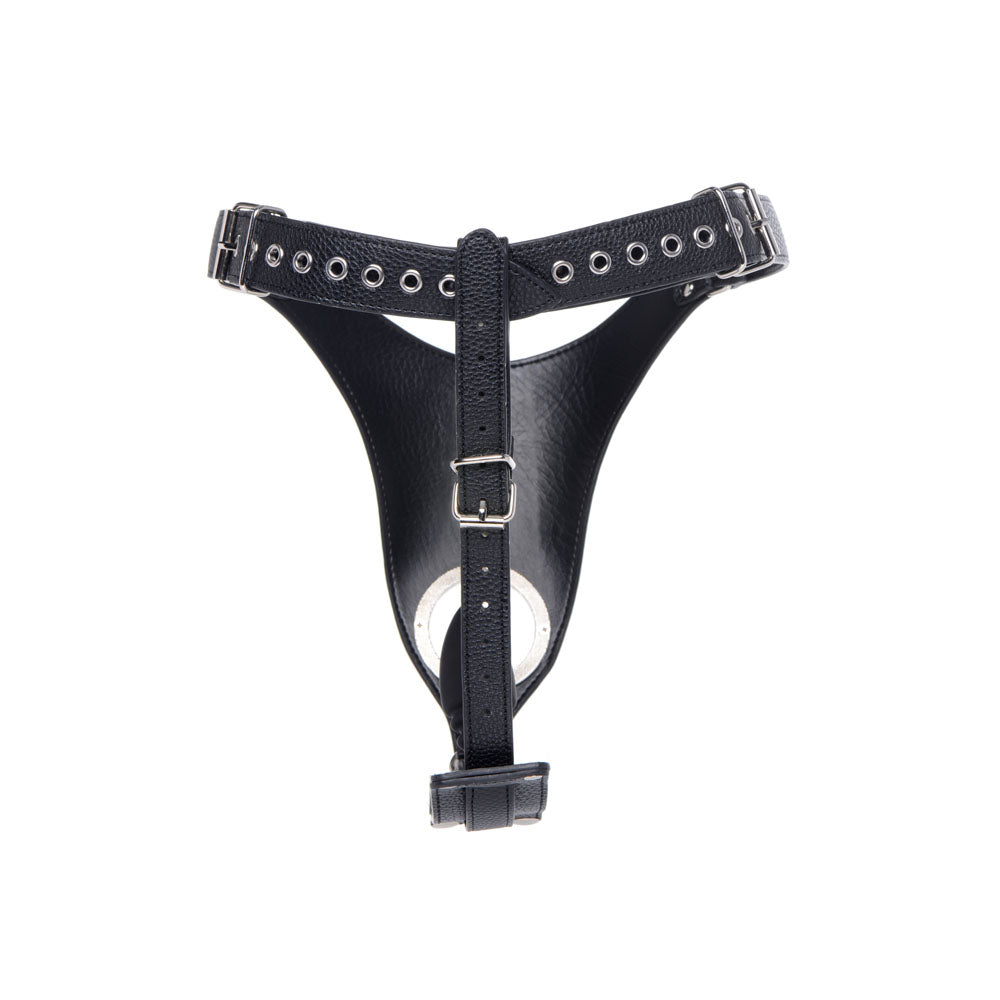 Black leather chastity harness with adjustable straps and a metal ring.