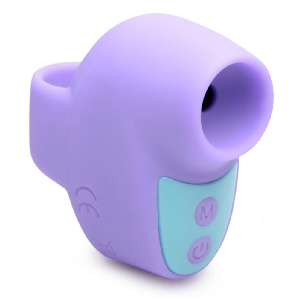 Purple silicone clitoral suction stimulator with two buttons.