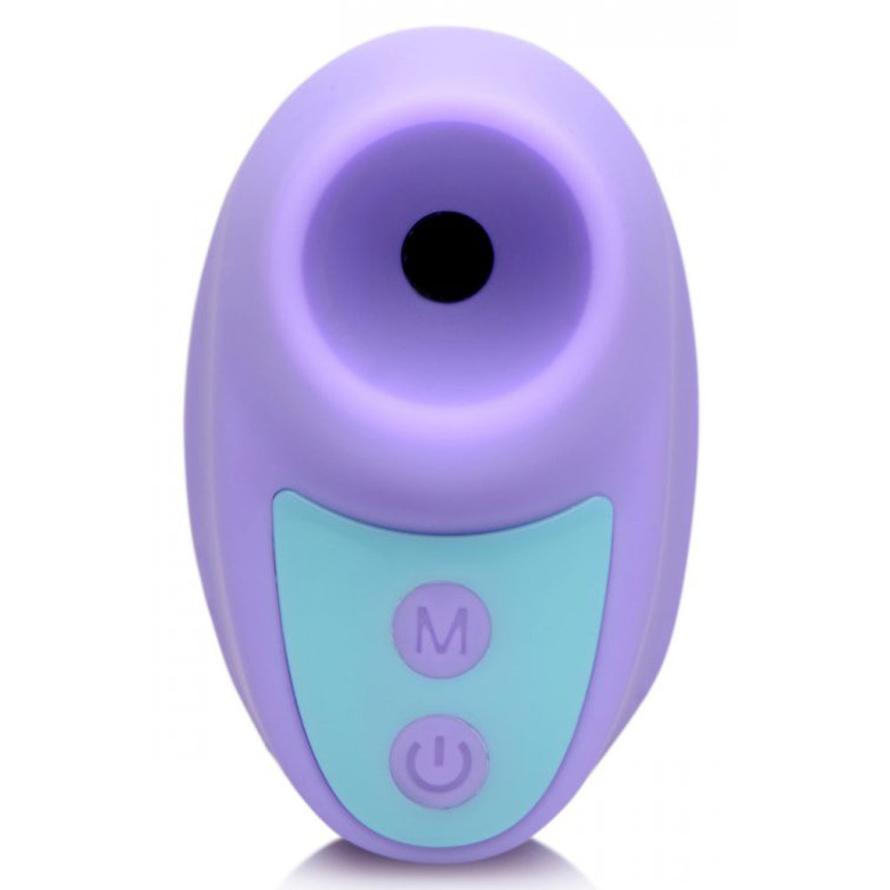 Purple silicone clitoral stimulator with blue buttons.