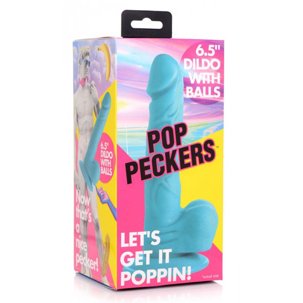 Blue dildo with balls on a box that says "Pop Peckers".