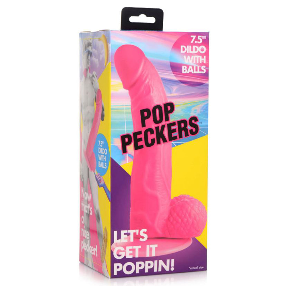 Pink 7.5 inch dildo with balls and suction cup base.