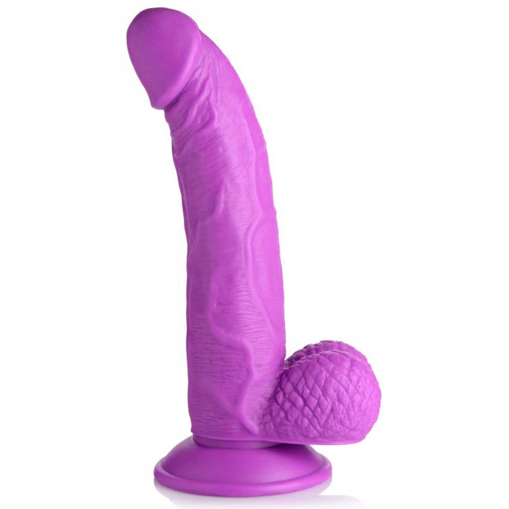 Purple realistic PVC dildo with veiny shaft, balls, and suction cup base.