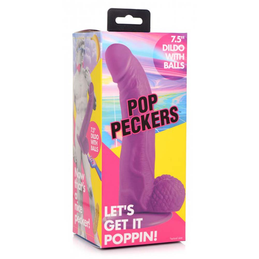 Purple dildo with balls and "Pop Peckers" branding on the box.