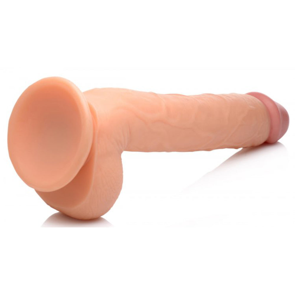A 10-inch light beige suction cup dildo with balls, shown from side view.