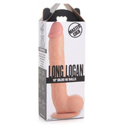 10-inch light pink suction cup dildo with balls in open box packaging.