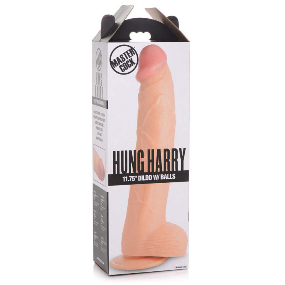 Hung Harry realistic suction cup dildo with balls, 11.75 inches long, in packaging.