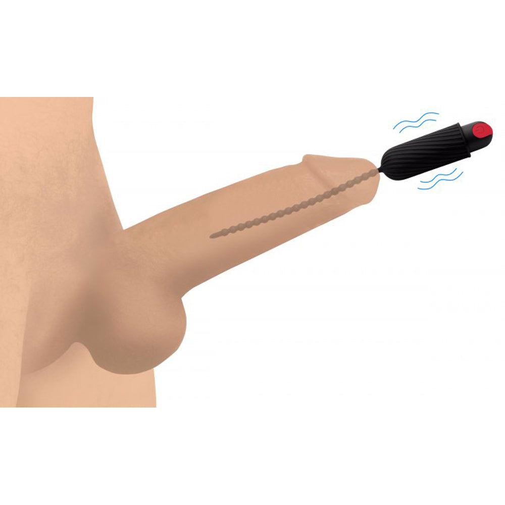 A vibrating silicone urethral sound with a textured black exterior and a red button, inserted into a penis.