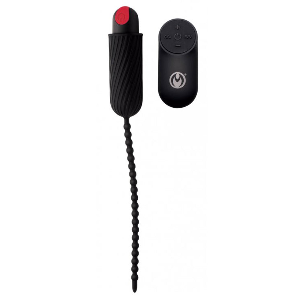 Black vibrating urethral sound with a beaded tail and a black remote control.