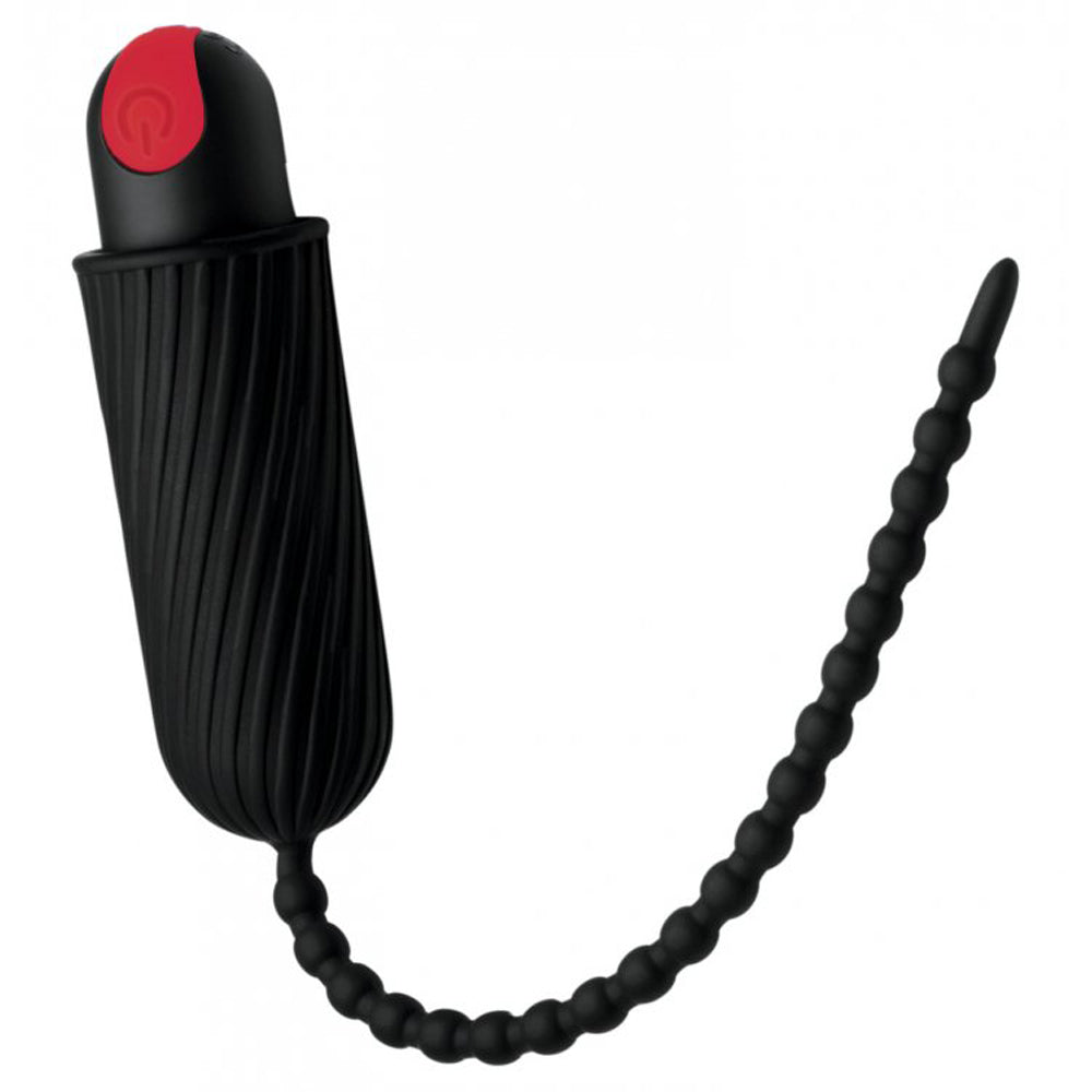 Black vibrating urethral sound with a beaded tail and red button.