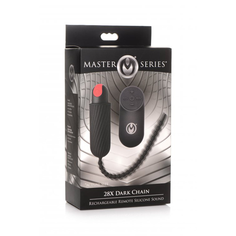 Box packaging for a black vibrating urethral sound with a remote control.