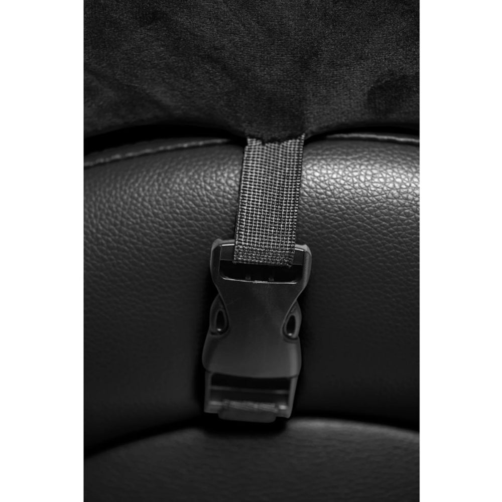 Black PU leather chaise lounge with adjustable straps and buckle.