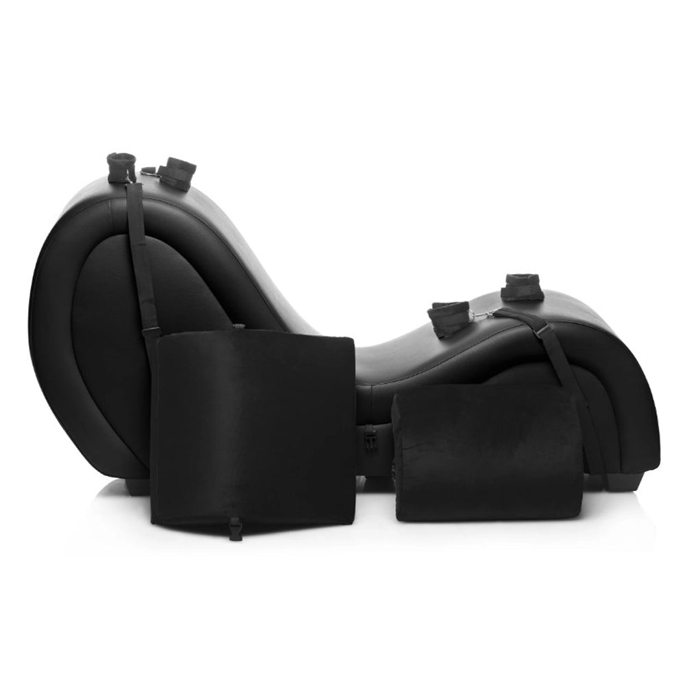 Black PU leather chaise lounge with straps and cuffs.