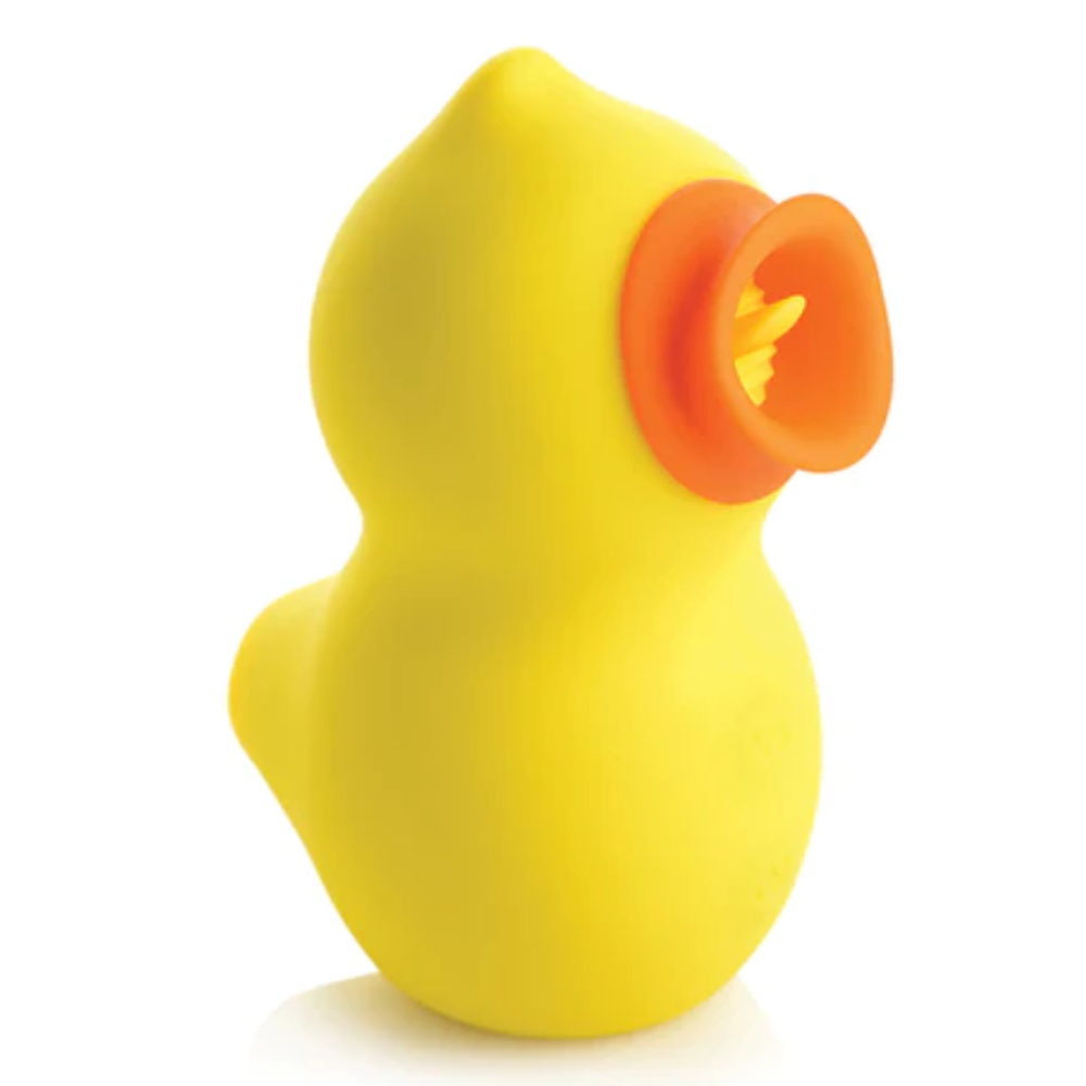 Yellow duck-shaped toy with an orange suction opening.