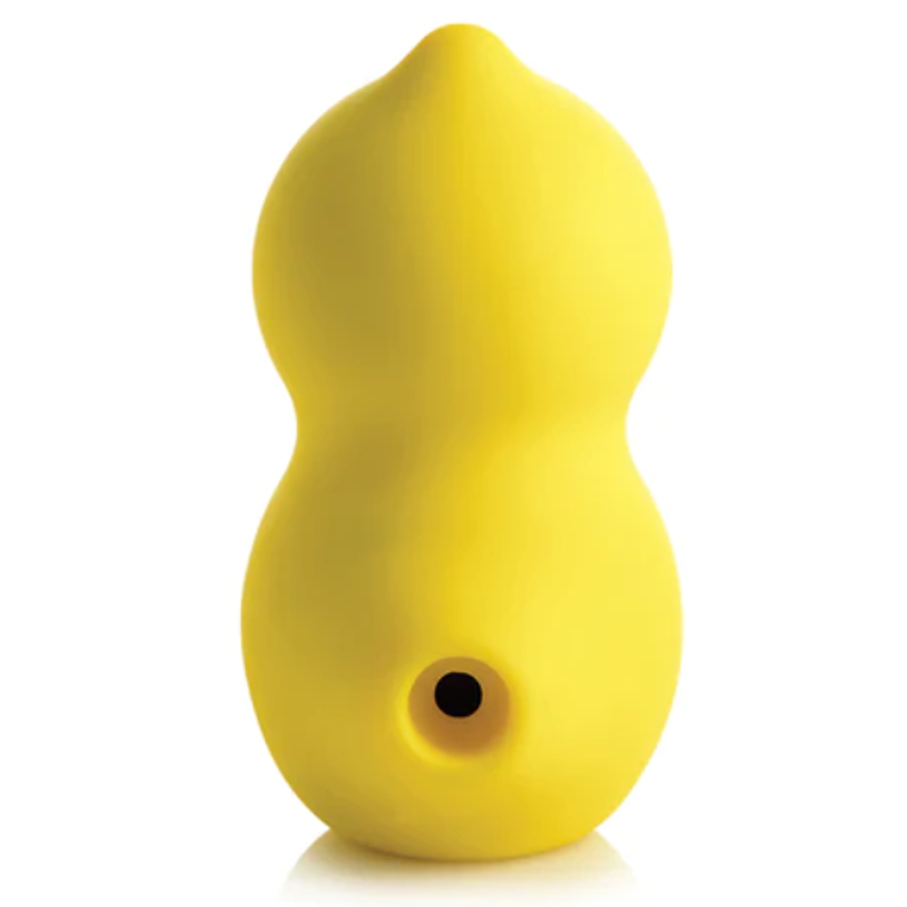 Yellow clitoral suction and licking toy with a black hole.