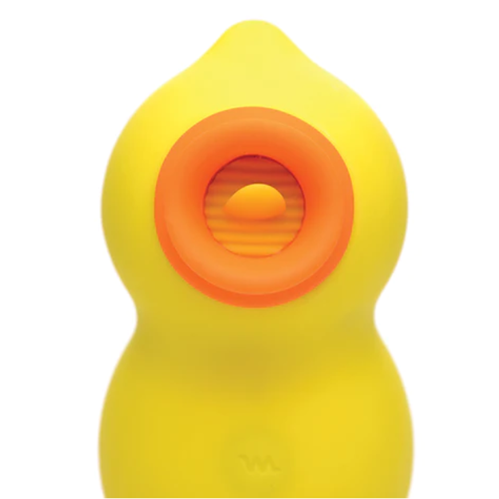 Yellow duck-shaped clitoral suction and licking toy with orange accents.