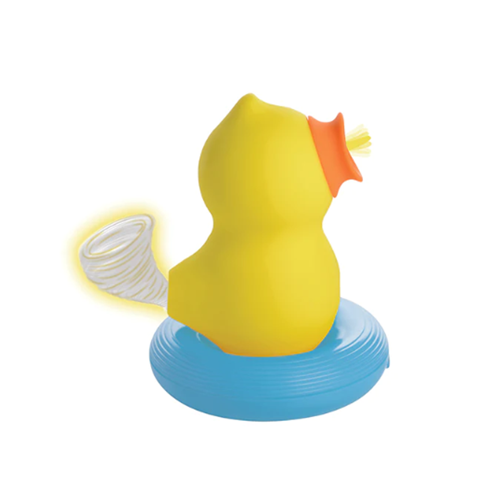 Yellow duck toy with orange beak and blue base, emitting a swirling light effect.