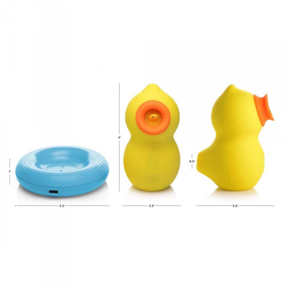 Yellow duck-shaped clitoral suction and licking toy with orange accents.