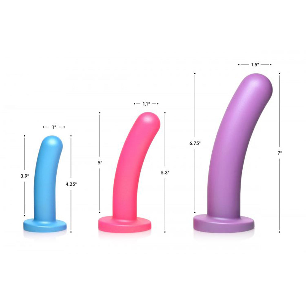 Three graduated silicone dildos in teal, pink, and purple, shown with size measurements.