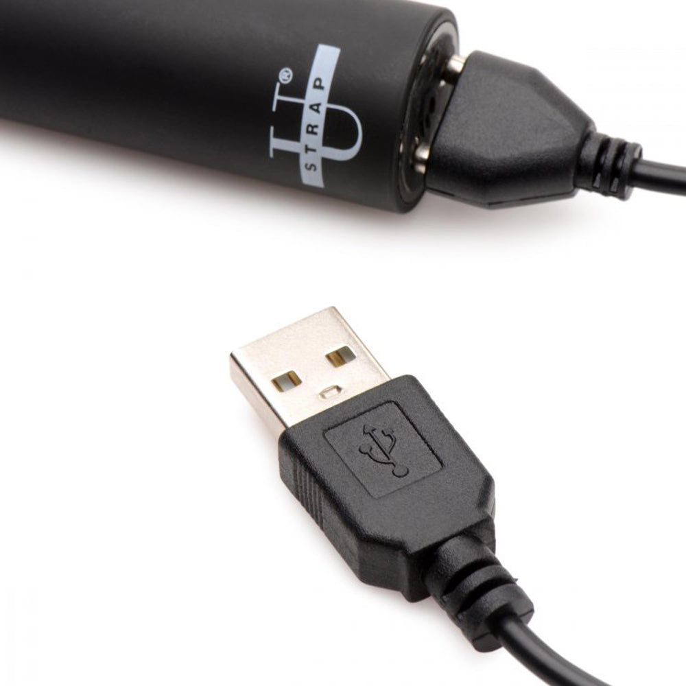Black USB charging cable connected to a black device with a logo.