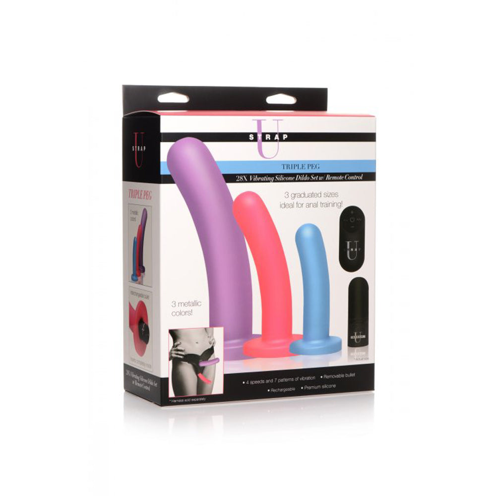 Triple silicone dildos in purple, pink, and blue with a remote vibrator.
