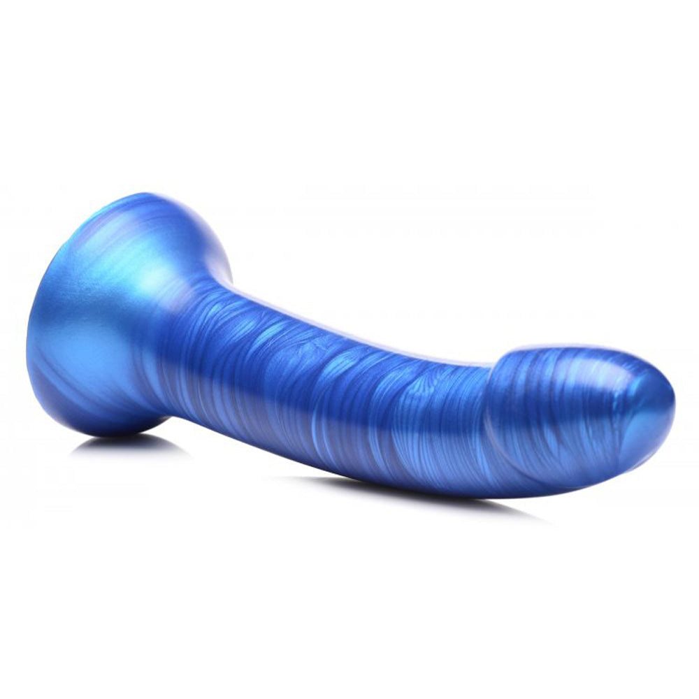 Curved blue metallic silicone dildo with a suction cup base.