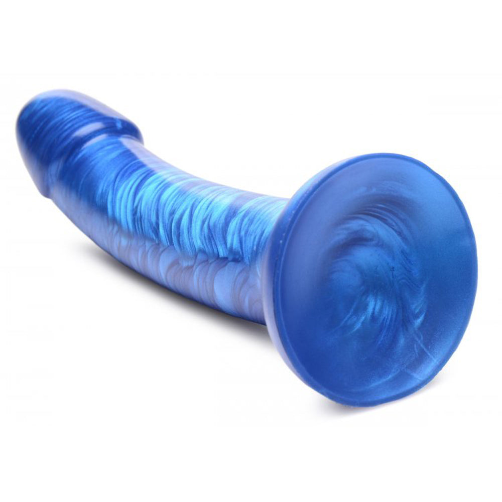 Blue metallic silicone dildo with a suction cup base.