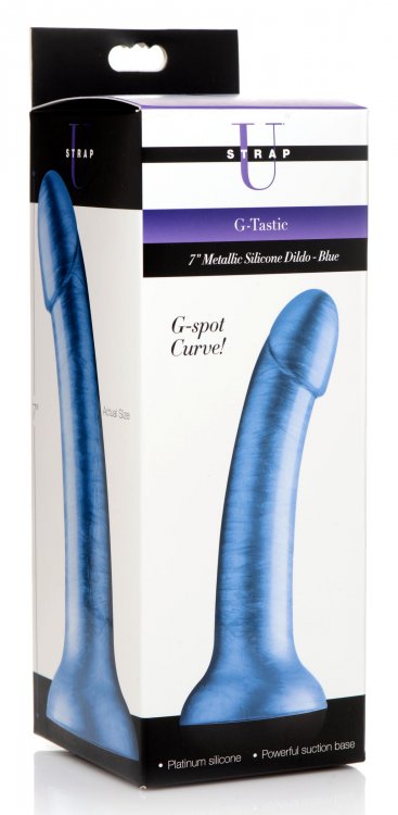 Blue 7-inch metallic silicone dildo with suction cup base in packaging.