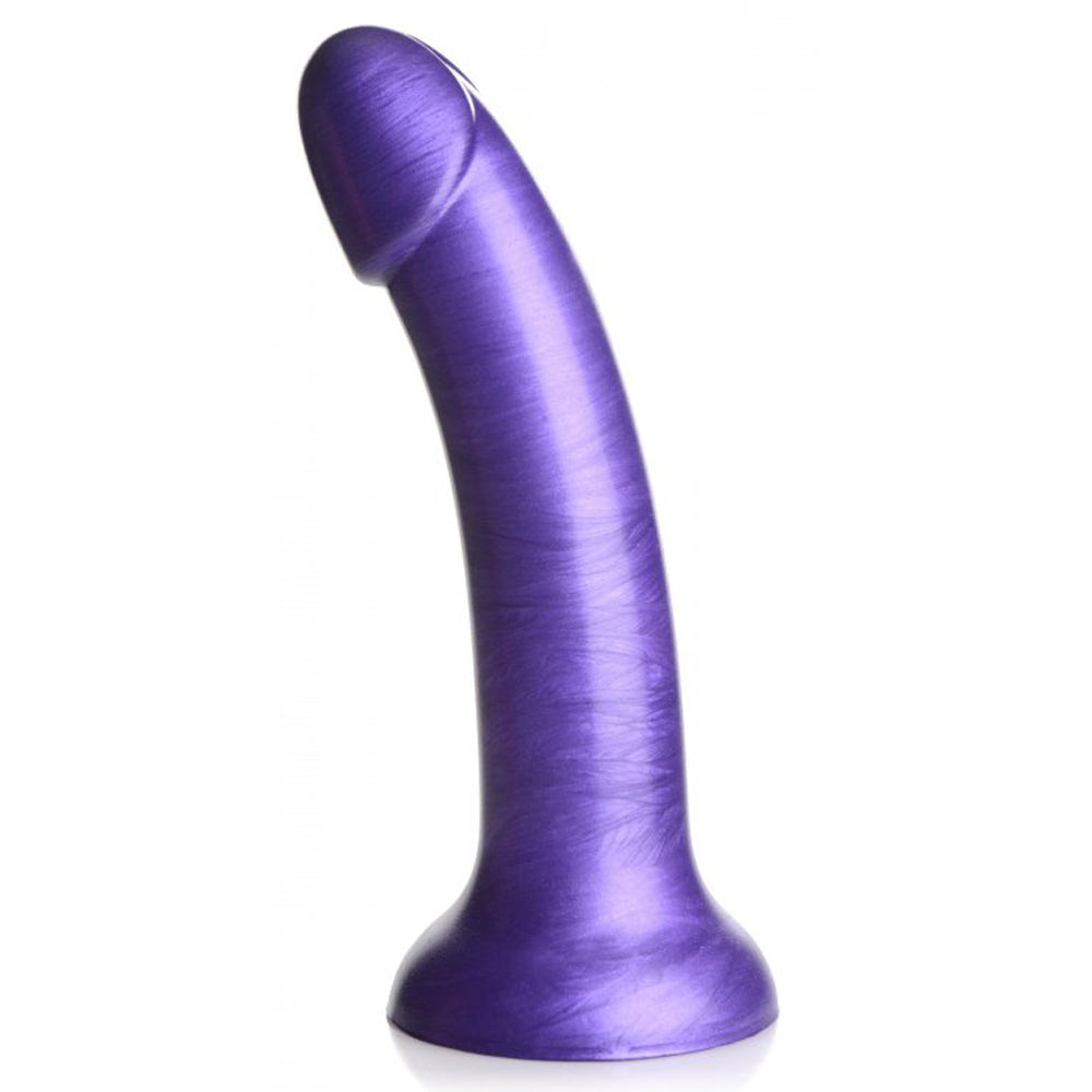Purple metallic silicone dildo with suction cup base, 7 inches long.