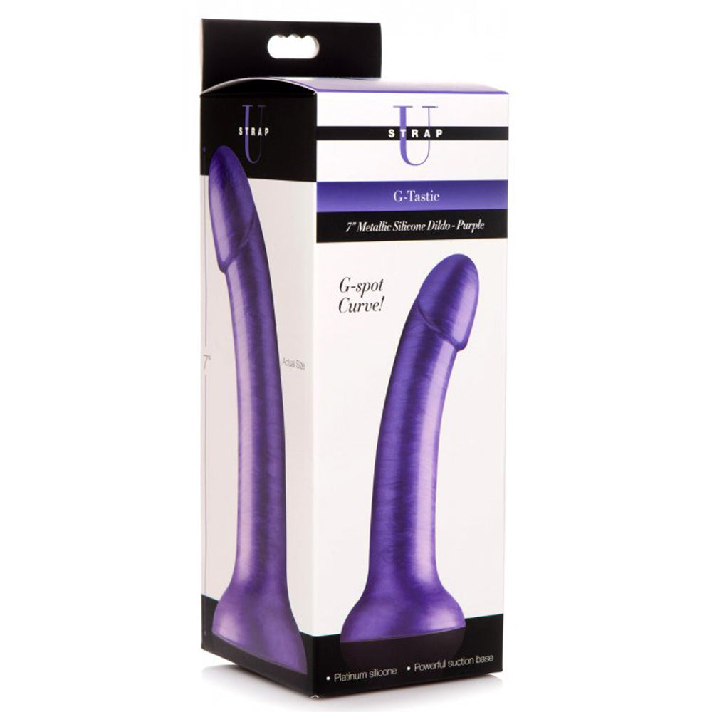 Purple 7-inch metallic silicone dildo with suction cup base in white box.