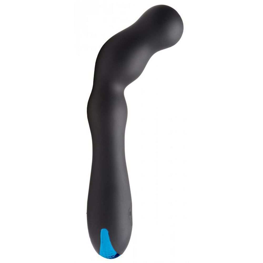 Black silicone prostate vibrator with a curved shape and blue accent.