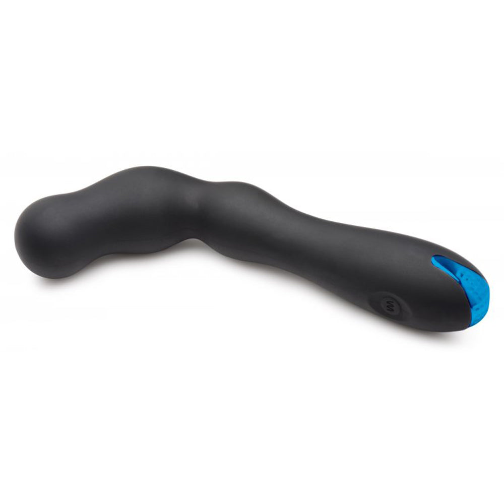 Black silicone prostate vibrator with a blue tip.