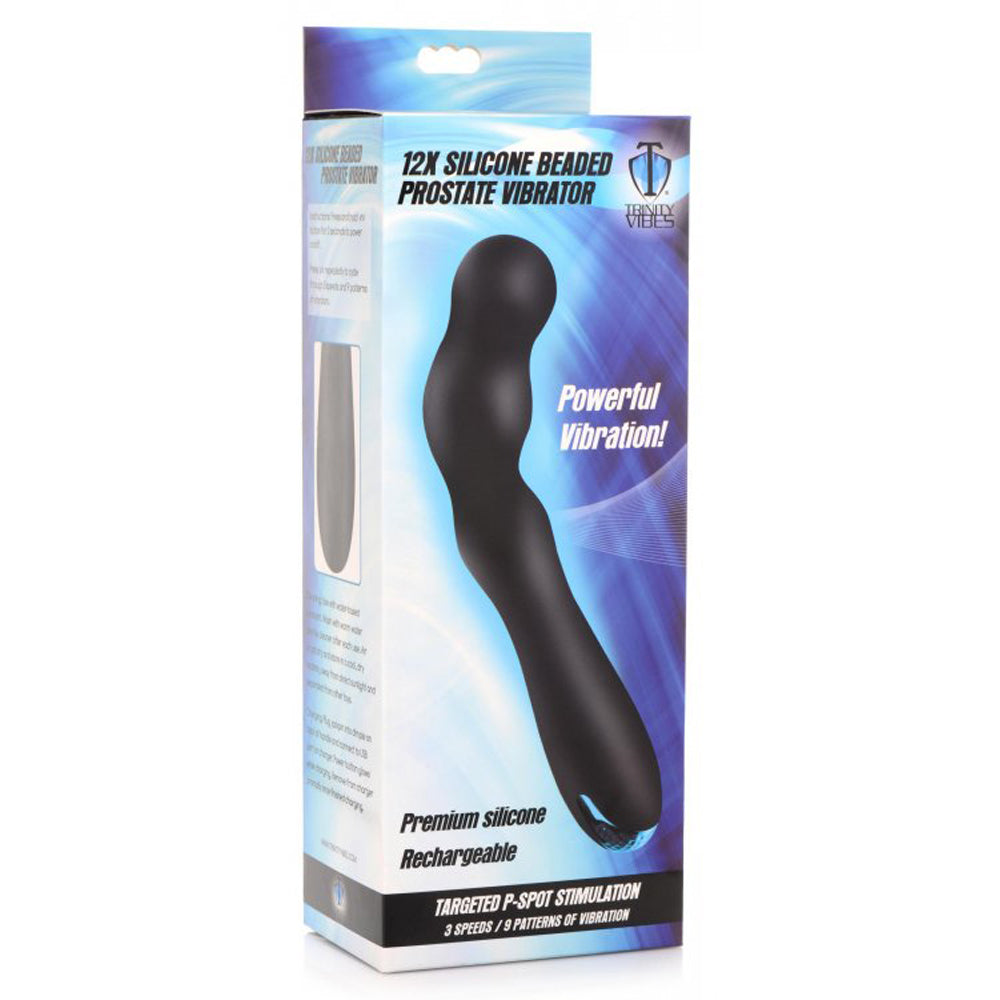 Black silicone beaded prostate vibrator with text about targeted stimulation.