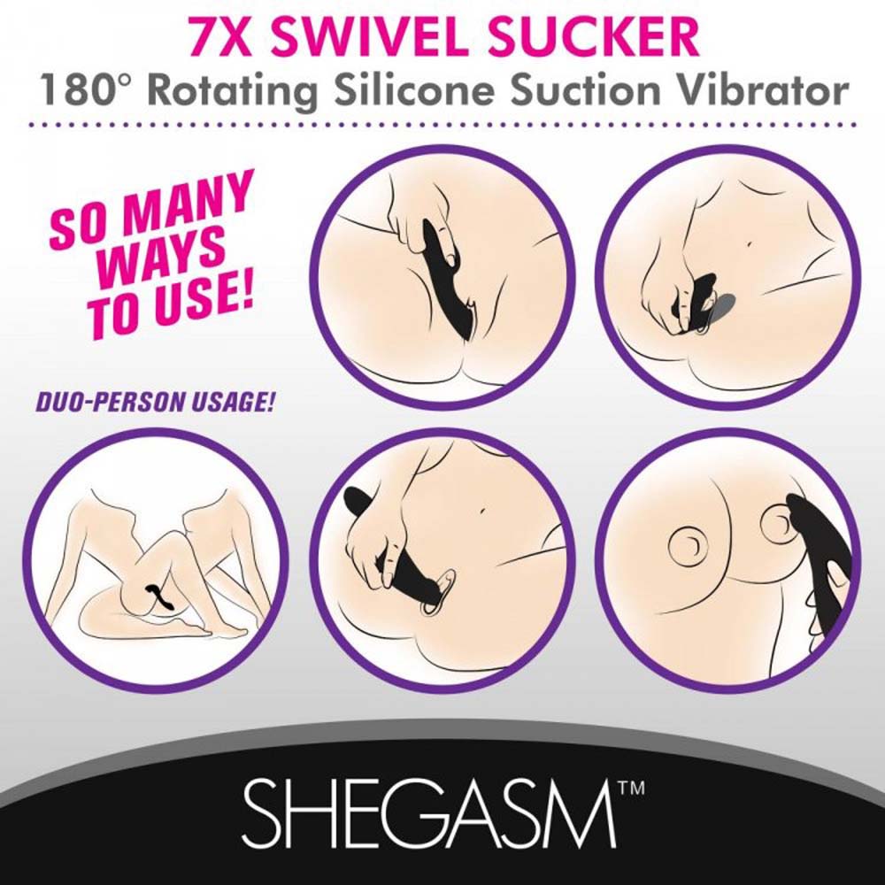A black rotating suction vibrator shown in six different usage illustrations.