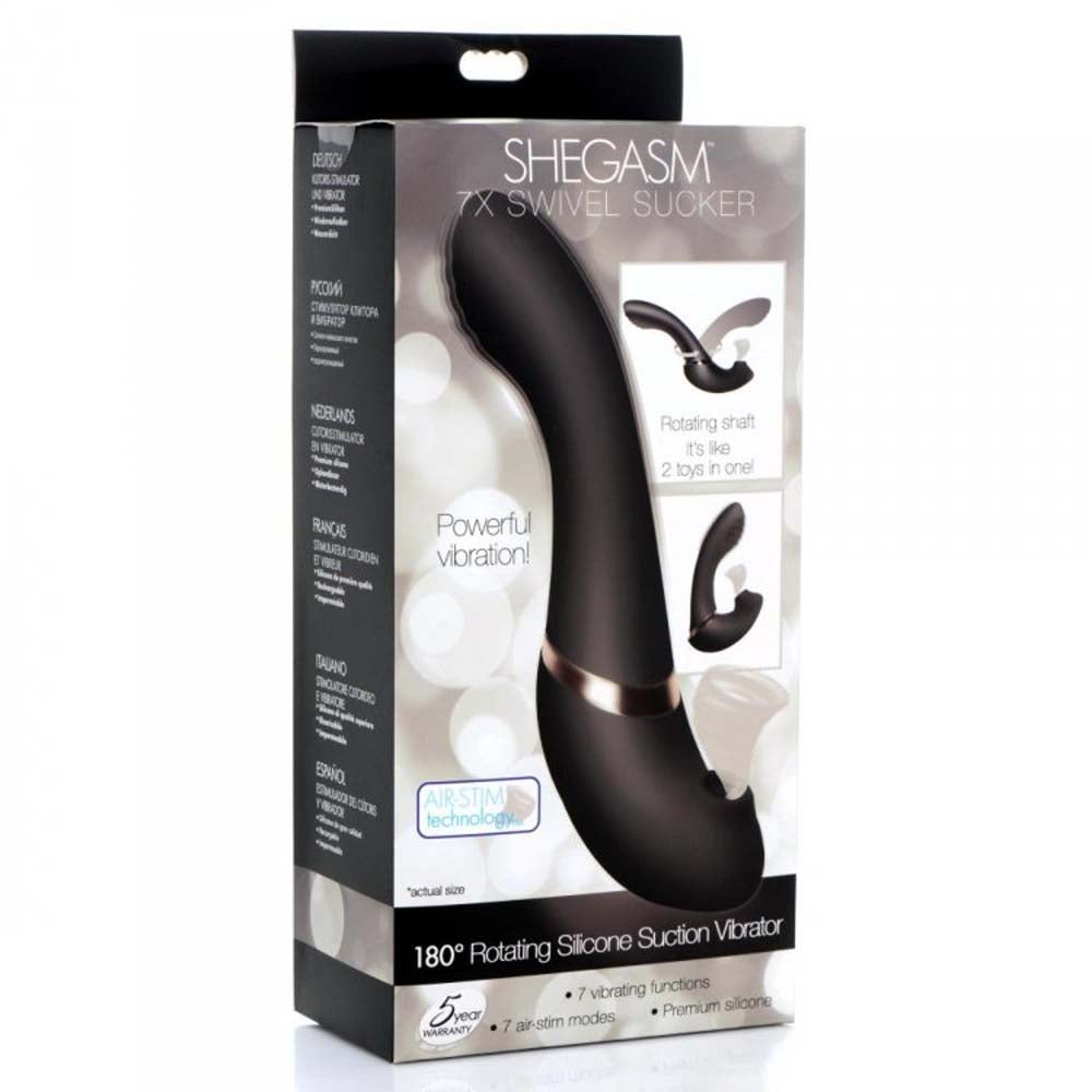 Shegasm 7X Rotating Suction Vibrator, black, with rotating shaft and air-stim technology.