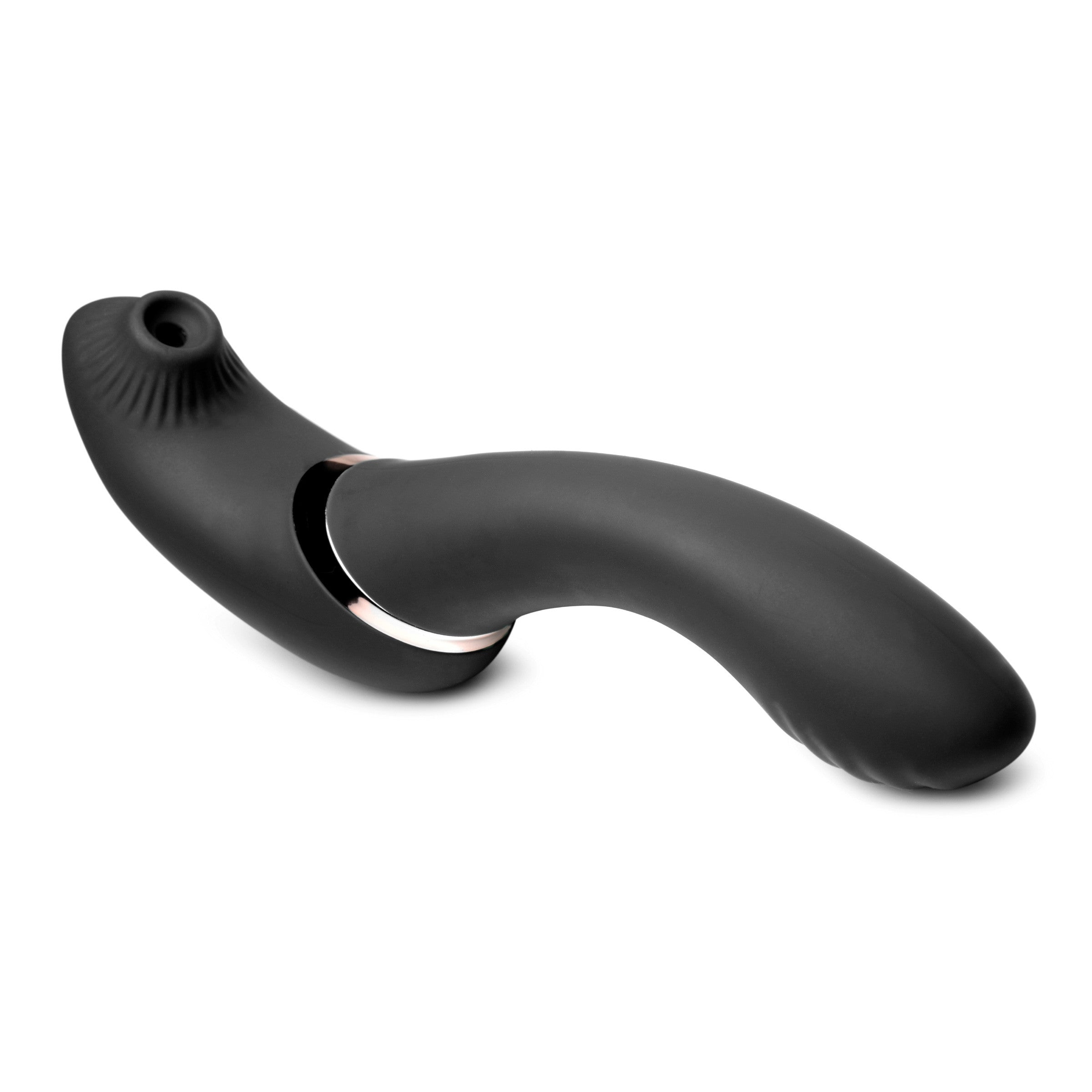 A black curved vibrator with a textured opening and a rose gold ring.