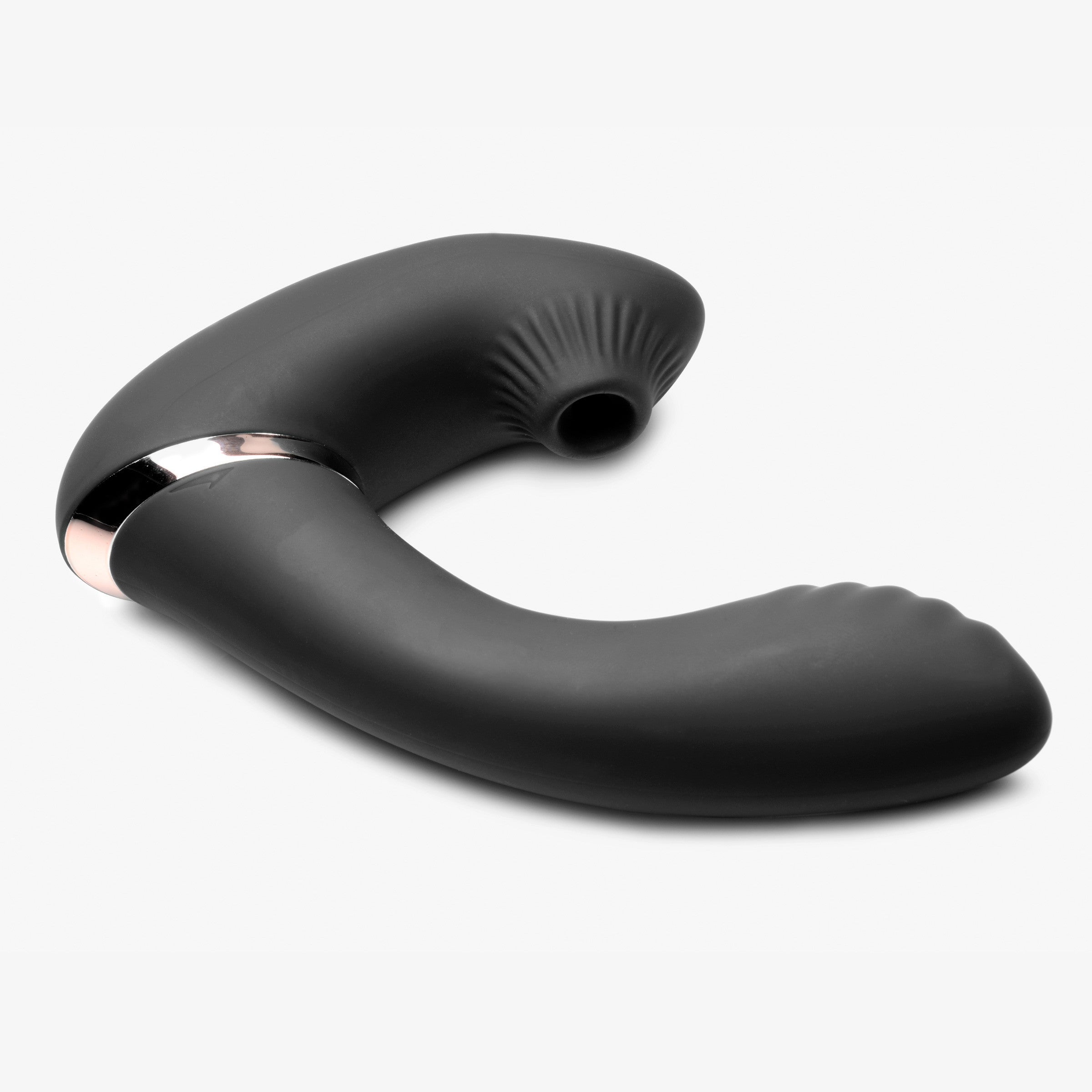 Black silicone vibrator with a curved shape and textured ends.