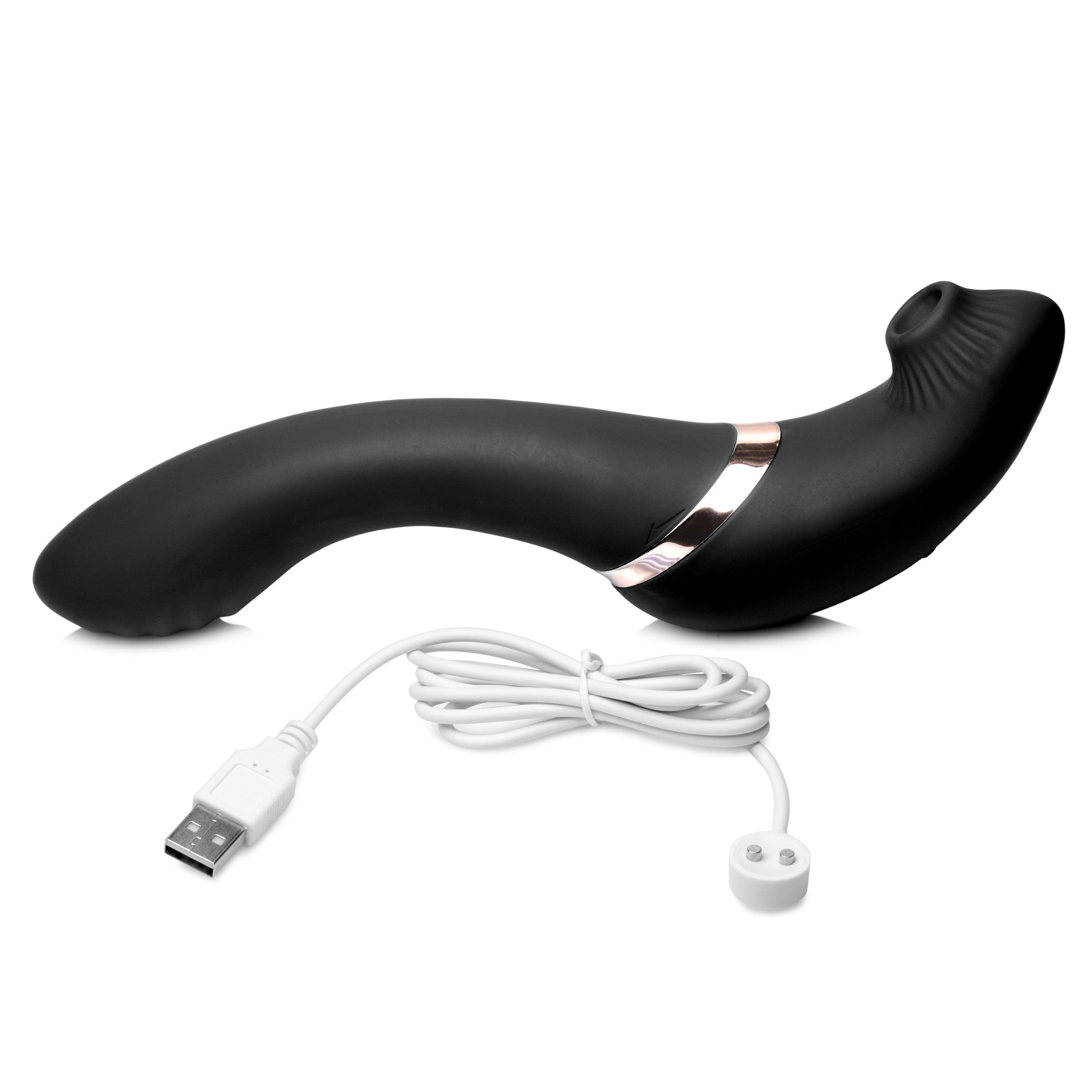 Black silicone vibrator with USB charging cable.