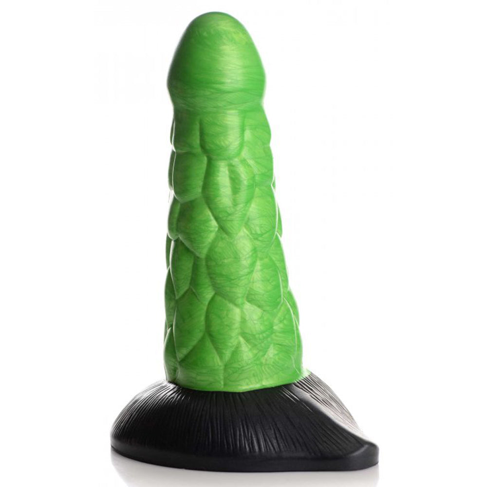 A green textured dildo with a black suction cup base.