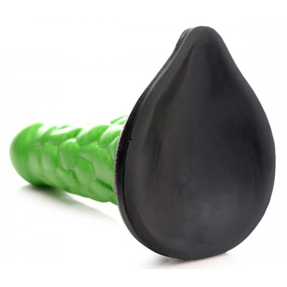 Green textured dildo with a black teardrop suction cup base.