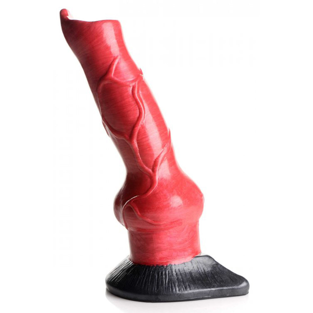 Red silicone canine fantasy dildo with veined shaft, bulbous knot, and black suction cup base.