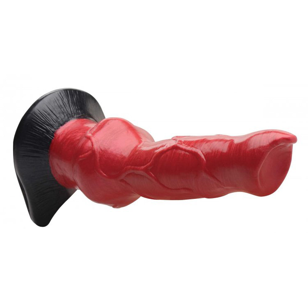 Red and black silicone dildo with a suction cup base.