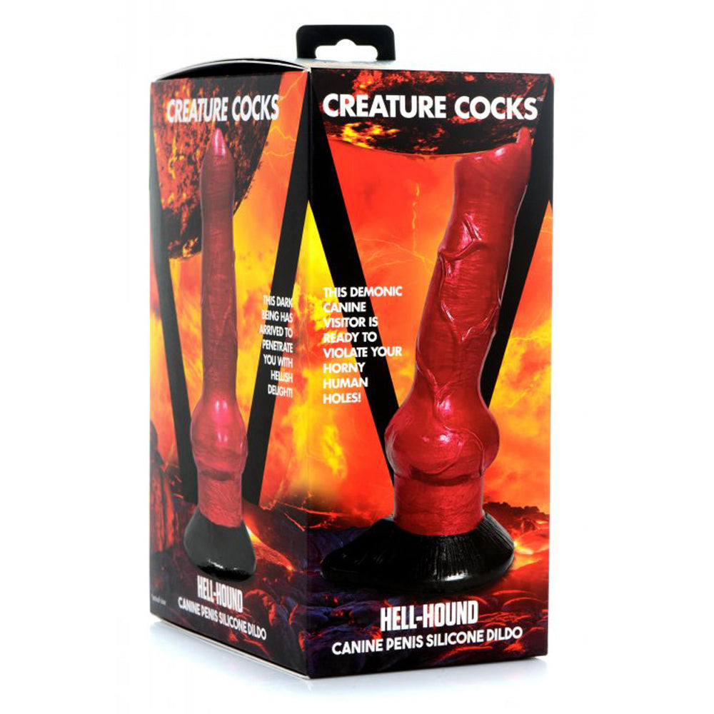 Red silicone dildo with a canine fantasy design and suction cup base.