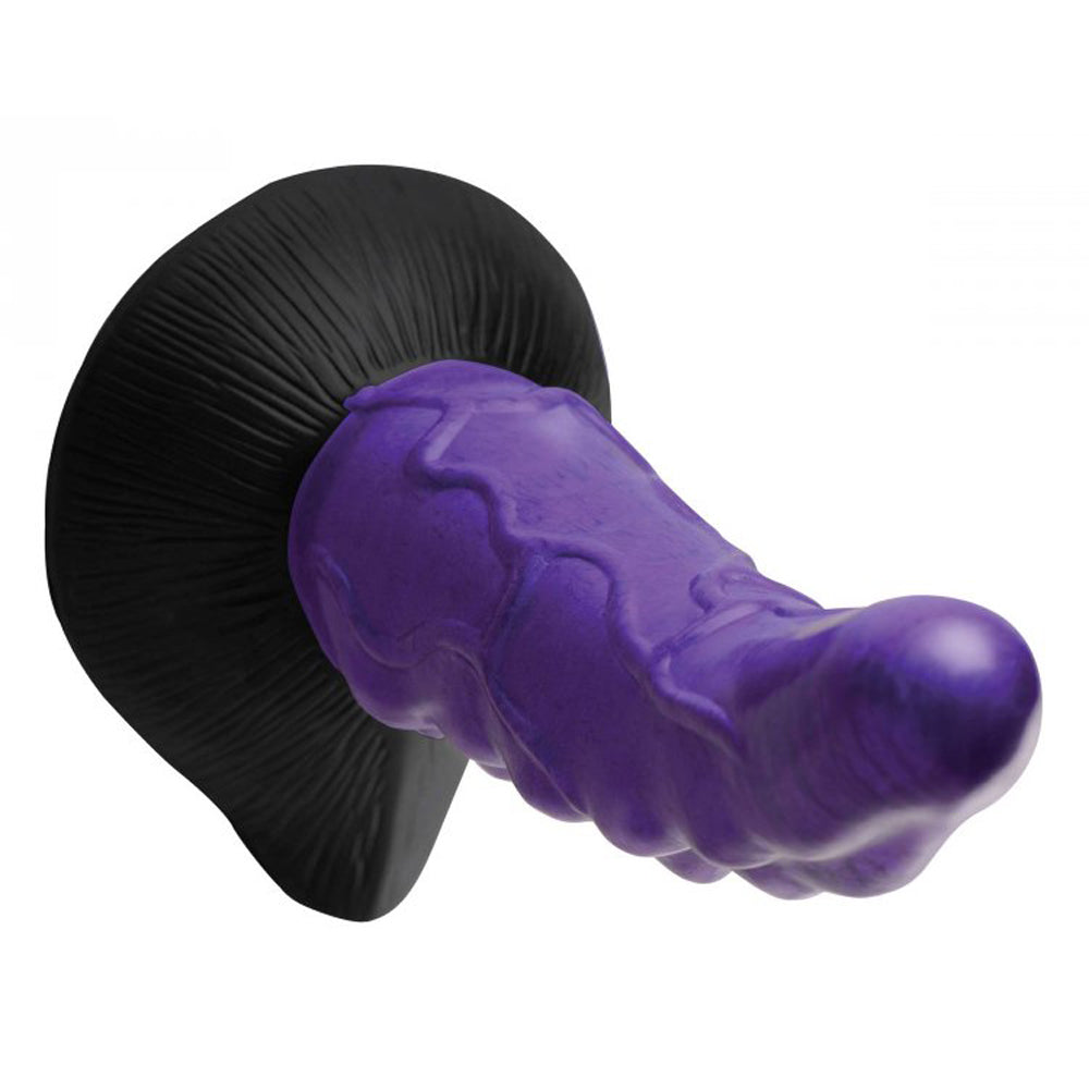 Purple veiny alien silicone G-spot dildo with black suction cup base.