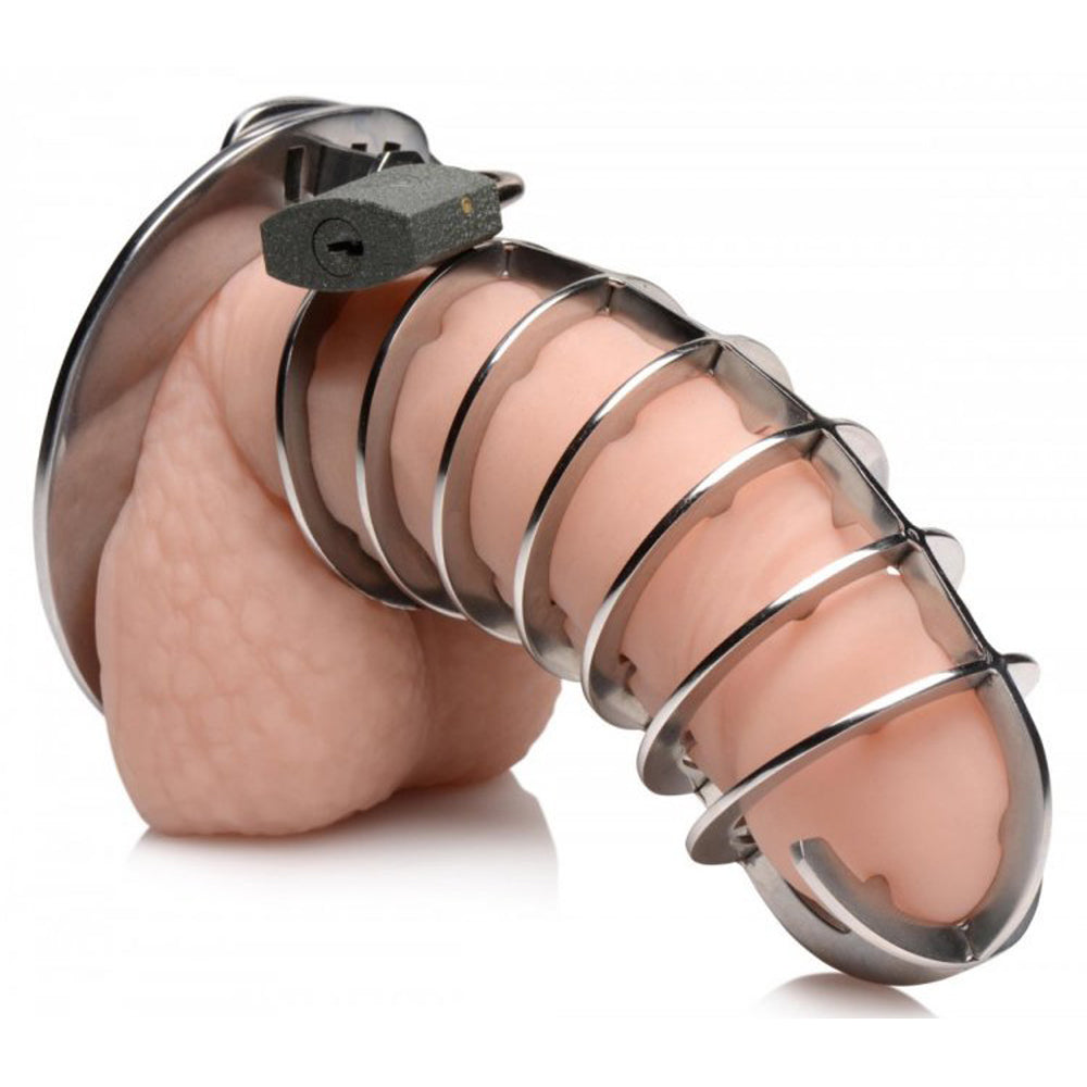 Stainless steel spiked chastity cage with a padlock.