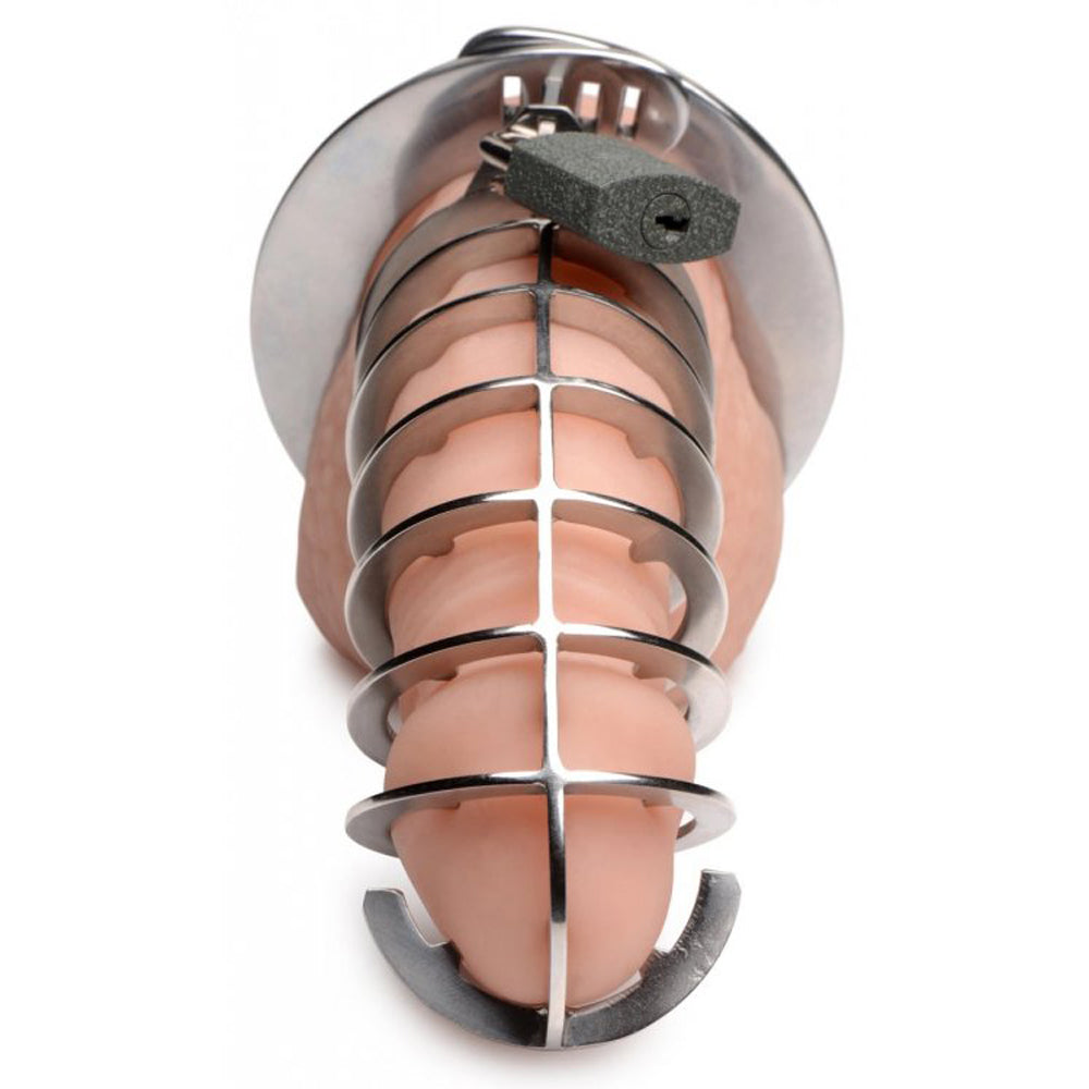 Stainless steel spiked chastity cage with a padlock.