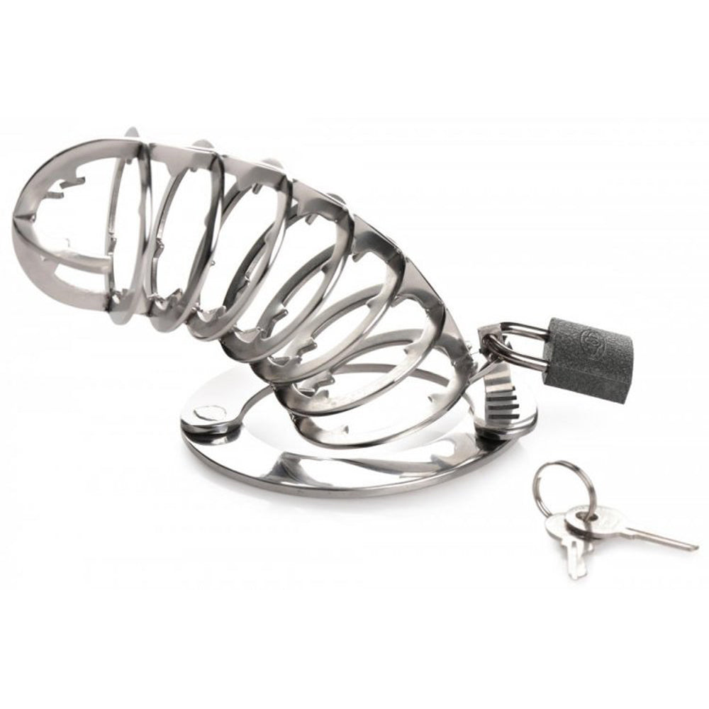 Stainless steel spiked chastity cage with lock and keys.